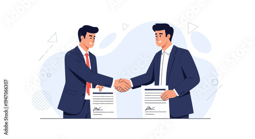 Businessmen shaking hands over signed contract, agreement, partnership, successful deal