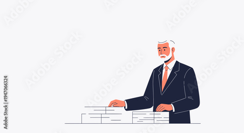 Elderly businessman sorting documents, modern flat illustration