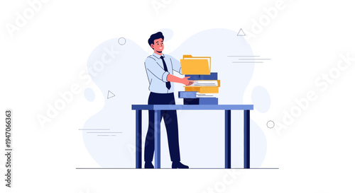 Man in office attire stacks files on a desk, representing workload and organization