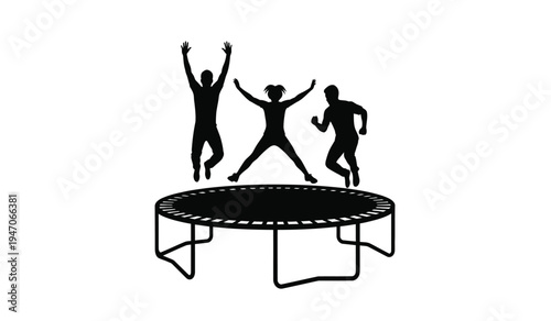Black silhouette illustration of three people jumping high on a large circular backyard trampoline