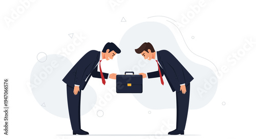 Businessmen Bowing to Each Other Exchanging Briefcase - Partnership and Respect