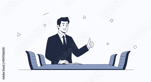 Businessman giving thumbs up at meeting table, successful business concept illustration