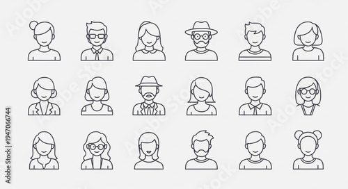 Diverse Group of People Avatars Line Icons Set.