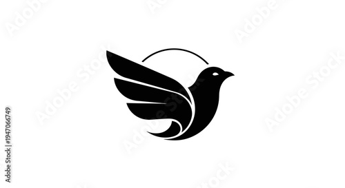 Elegant black bird silhouette with outstretched wings in a circular frame, symbolizing freedom and peace, isolated white background.