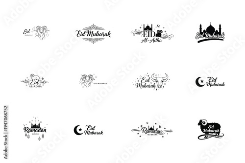 Eid mubarak and ramadan designs with islamic calligraphy and animal illustrations