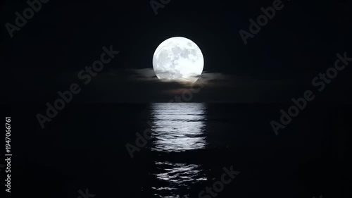 Full Moon Reflection on Dark Water Surface.