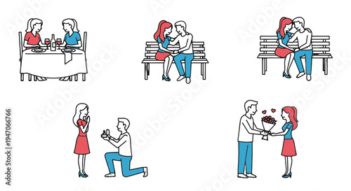 Diverse moments of loving couples in various romantic and intimate settings, depicting proposals, dates, and casual affection, isolated white background.