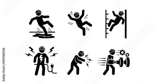 Stick figures illustrating various accident scenarios including falling, climbing, electric shock, and pushing heavy objects, isolated white background.