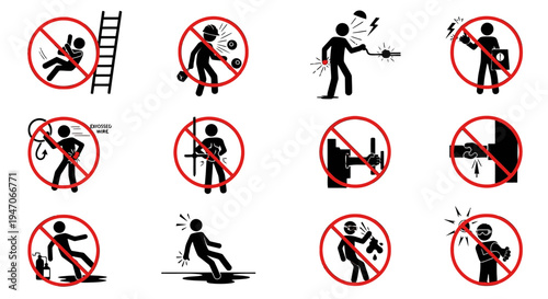 Collection of stick figure safety warning signs depicting various workplace and daily life hazards, isolated white background.