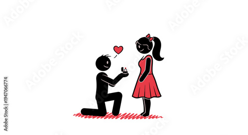 Man on One Knee Proposing to Woman with Heart Symbol, isolated white background