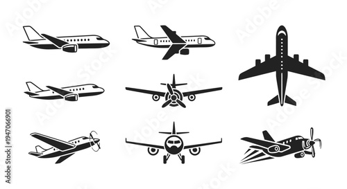 Set of Various Airplane Aircraft Silhouettes Collection, isolated white background