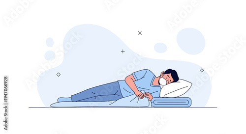 Man wearing face mask sleeping on bed, illustration