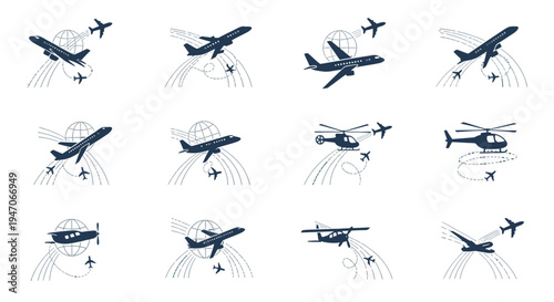 Collection of Dark Blue Outline Aircraft Icons Including Airplanes and Helicopters on Isolated White Background