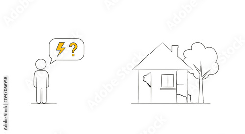 Stick Figure Man Questioning Power Issue with Lightning Bolt and Question Mark Bubble Near House and Tree on Isolated White Background