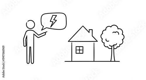 Stick Figure Man Thinking About Lightning Bolt Problem Near House and Tree on Isolated White Background