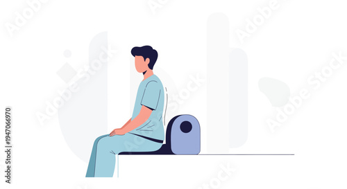 Man sitting with back support cushion for posture correction, illustration