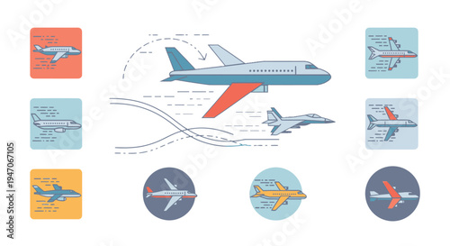 Set of Airplane Icons and Flight Routes for Air Travel and Aviation on Isolated White Background