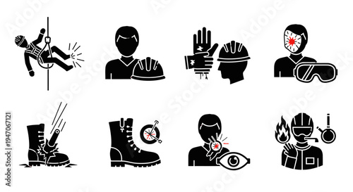 Set of Occupational Safety and Personal Protective Equipment Icons on Isolated White Background