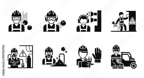 Set of Construction Safety and Worker Protection Icons on Isolated White Background