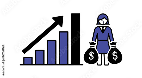 Businesswoman with Money Bags and Upward Bar Chart Representing Financial Growth on Isolated White Background