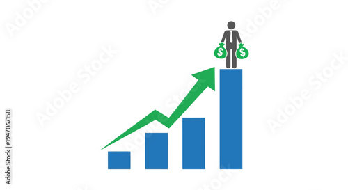 Man with Money Bags Standing on Top of Growing Bar Chart Representing Financial Growth on Isolated White Background
