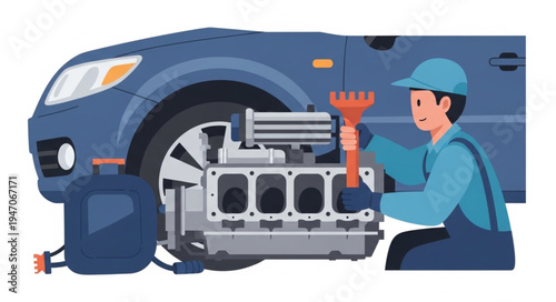 Mechanic repairing car engine.