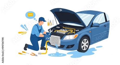 Mechanic repairing car engine.