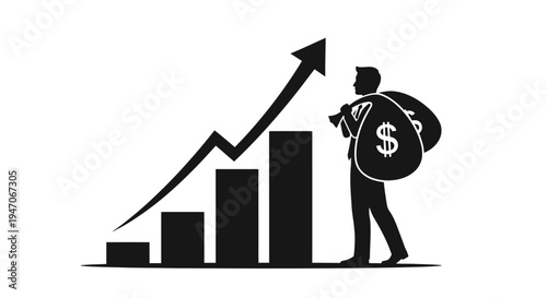 Stick Figure Man Walking with Money Bag and Ascending Bar Graph Representing Financial Success and Wealth on Isolated White Background