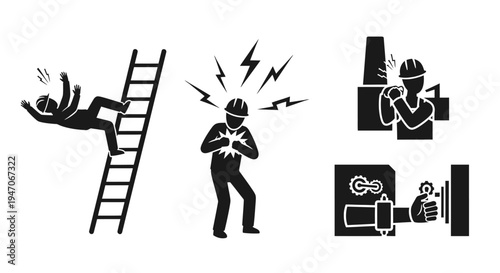 Set of Industrial Workplace Safety Hazard Icons: Falling from Ladder, Electrical Shock, and Machinery Accidents on Isolated White Background