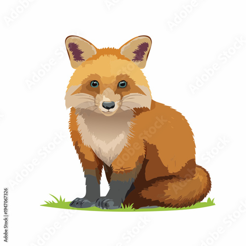 Cute Sitting Fox Illustration with Bushy Tail on Green Grass