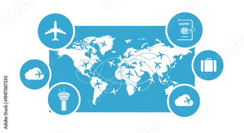 Global Air Travel and Airport Navigation Map with Airplanes and Travel Icons on Isolated White Background