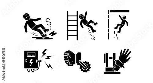Set of Workplace Safety and Hazard Warning Icons: Slipping, Falling, and Industrial Accidents on Isolated White Background