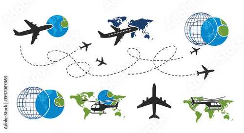Global Travel Network with Airplanes, Helicopters, and World Maps Showing Routes on Isolated White Background