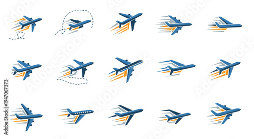 Set of Airplanes in Dynamic Flight Movement with Motion Trails on Isolated White Background