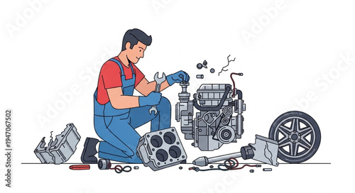 Mechanic repairing car engine.