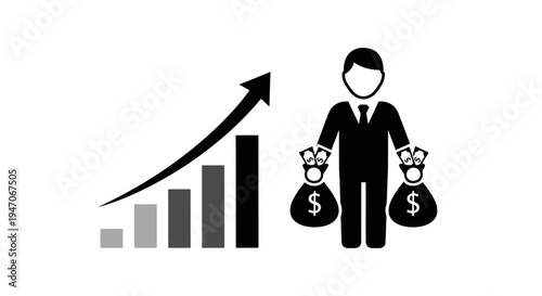 Confident Businessman with Money Bags Standing Next to a Rising Bar Chart on Isolated White Background