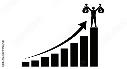 Happy Person Celebrating Financial Growth and Success with Money Bags on Top of a Bar Chart on Isolated White Background