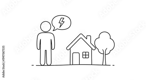 Line Art Drawing of a Person Thinking About Energy for Their House on Isolated White Background