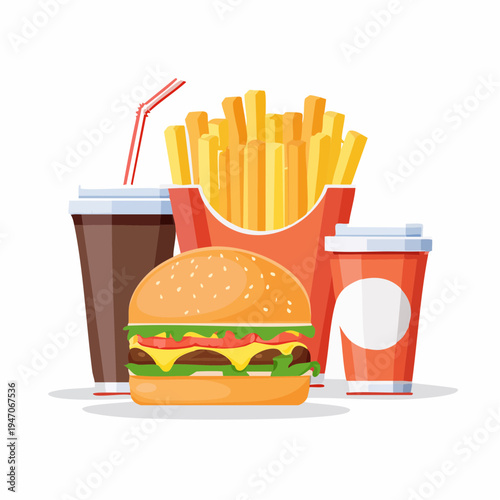 Delicious Fast Food Meal Burger, Fries, and Drinks for a Quick and Satisfying Bite