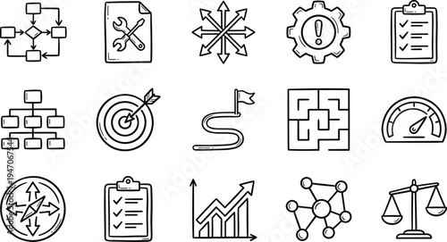 Business process management line icons set, workflow strategy planning analytics organization target growth checklist concept collection, flat vector illustration