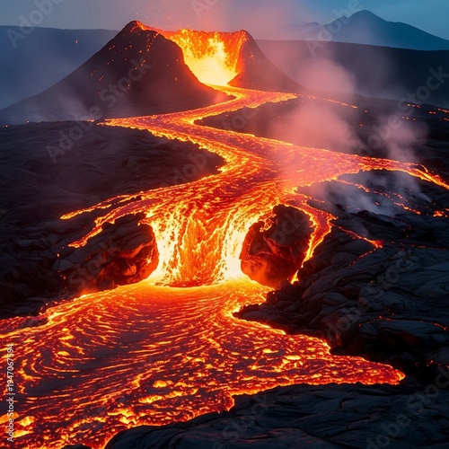 Volcanic Eruption with Flowing Lava at Dusk.