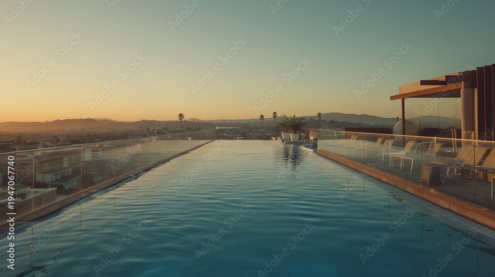 Fototapeta premium Luxurious rooftop infinity pool with panoramic city views at golden hour sunset