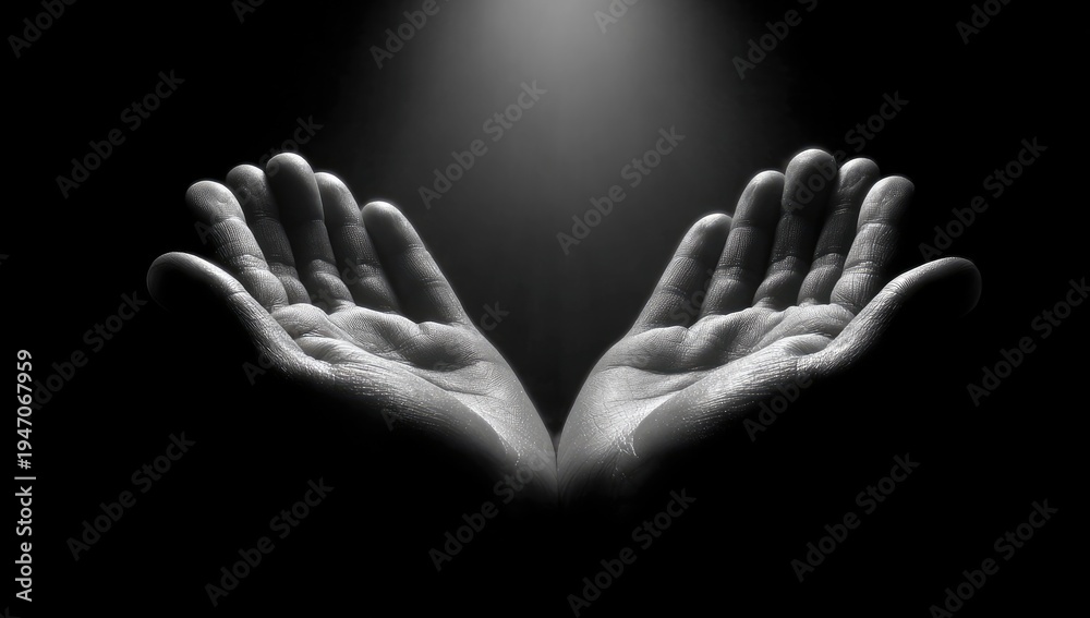 Fototapeta premium Open Hands Reaching Upwards in Dramatic Spotlight.