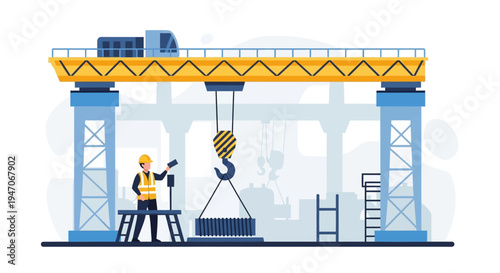 Industrial Gantry Crane Operation with Worker. Flat Vector Illustration of Heavy Lifting, Construction, and Factory Production Process.