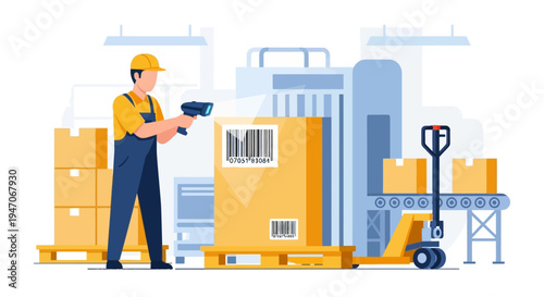 Warehouse Worker Scanning Barcode on Package. Logistics, Supply Chain Management, Inventory Control & E-commerce Shipping Illustration