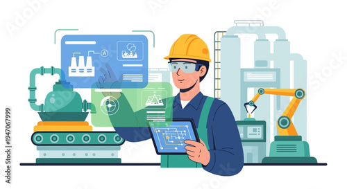 Engineer Managing Smart Factory Operations with Augmented Reality & Digital Tablet. Industry 4.0, Automation & Modern Manufacturing.