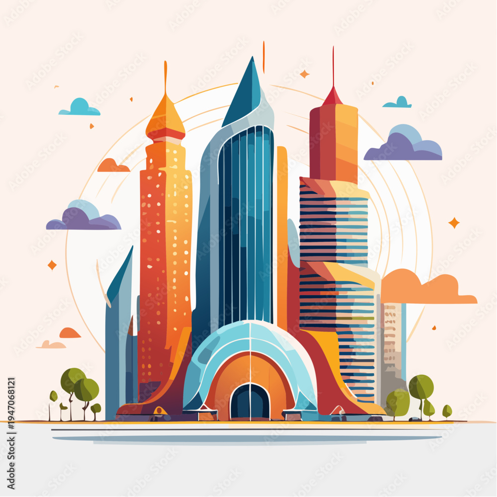 Fototapeta premium Vibrant futuristic cityscape illustration with modern architecture, showcasing innovative urban design and colorful downtown skyline