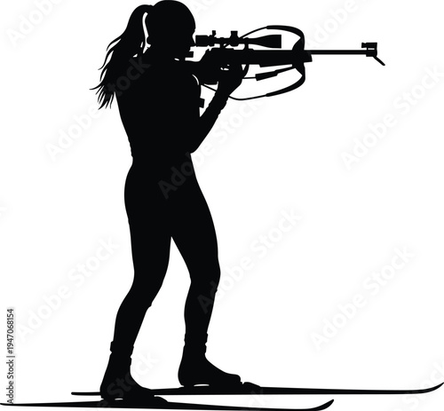 Female biathlon athlete silhouette aiming rifle on skis isolated on white background, winter sport shooting competition vector illustration