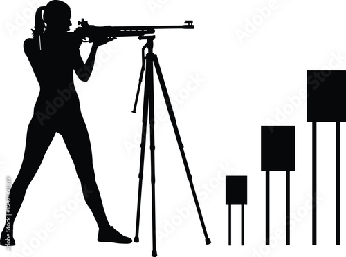 Female biathlon athlete aiming rifle at targets silhouette isolated on white background, winter sport shooting competition vector illustration design