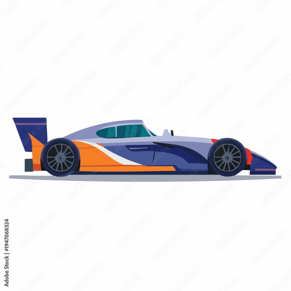 Fototapeta premium Racing car side view illustration, blue and orange aerodynamic vehicle